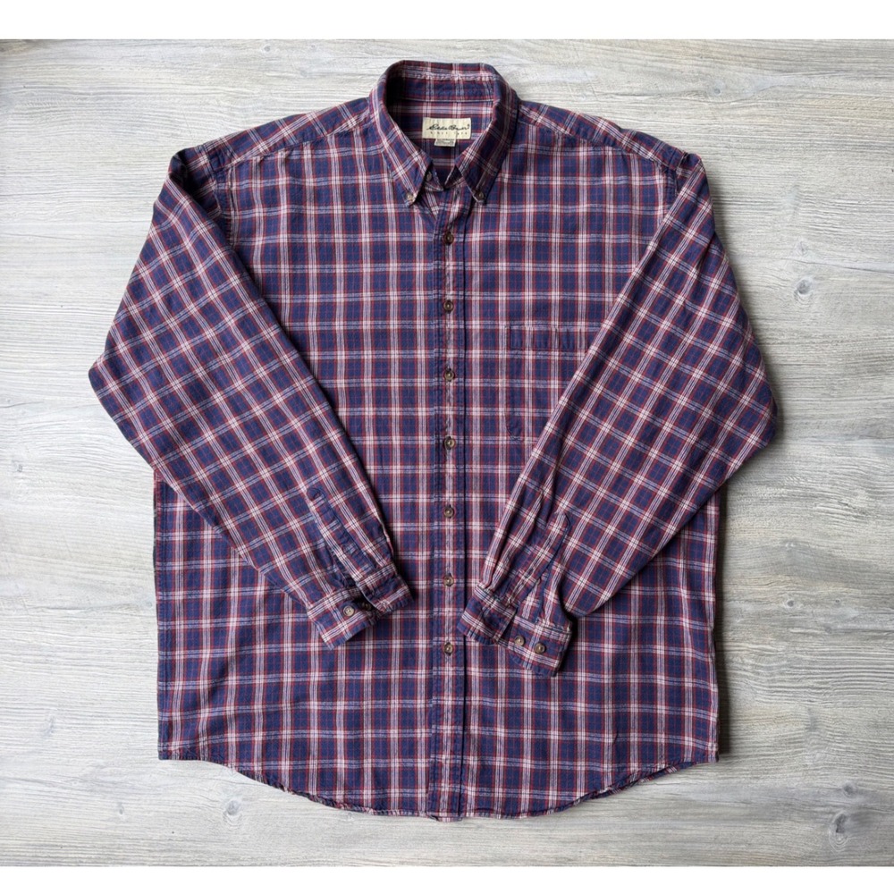Eddie Bauer Men XL Tall Plaid Button Down Shirt Navy Red Cotton Long Sleeve
